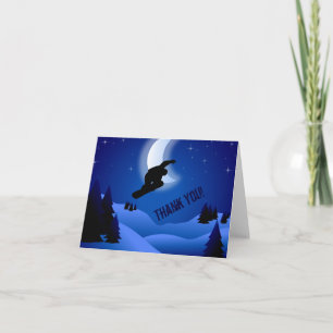 Carte De Remerciements Night Snowboard Mountains et Moon