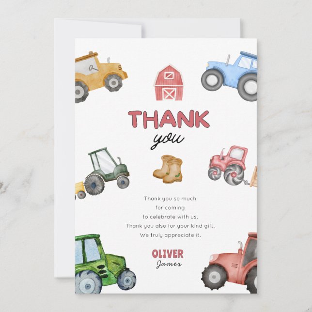 Carte De Remerciements N'importe quel âge Jour de tracteur aquarelle (Devant)