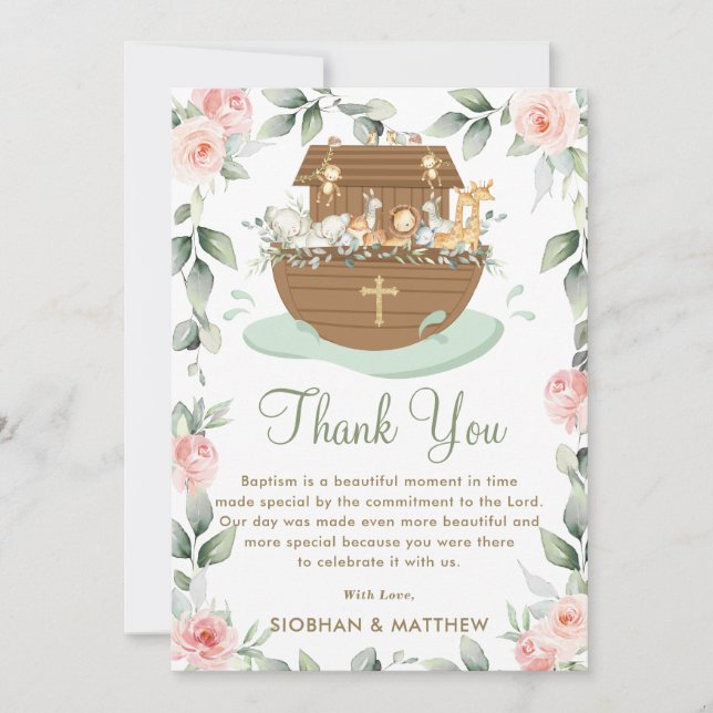 Carte De Remerciements Noah's Ark rose Floral Girl Baptism Christening (Devant)