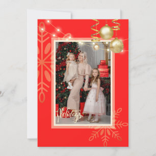 Carte De Remerciements Noël, flocons d'or, fêtes rouges joyeuses