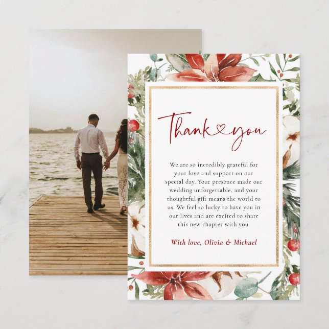 Carte De Remerciements Noël hiver Rouge Vert or Mariage (Devant / Derrière)