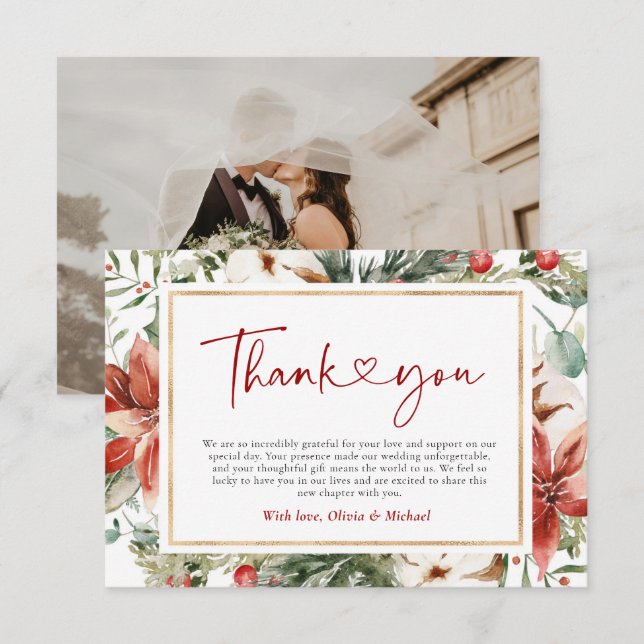 Carte De Remerciements Noël hiver Rouge Vert or Mariage (Devant / Derrière)