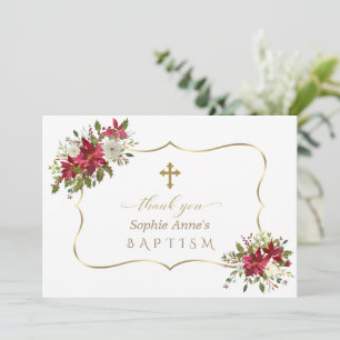 Carte De Remerciements Noël Rouge Blanc Poinsettia Baptême