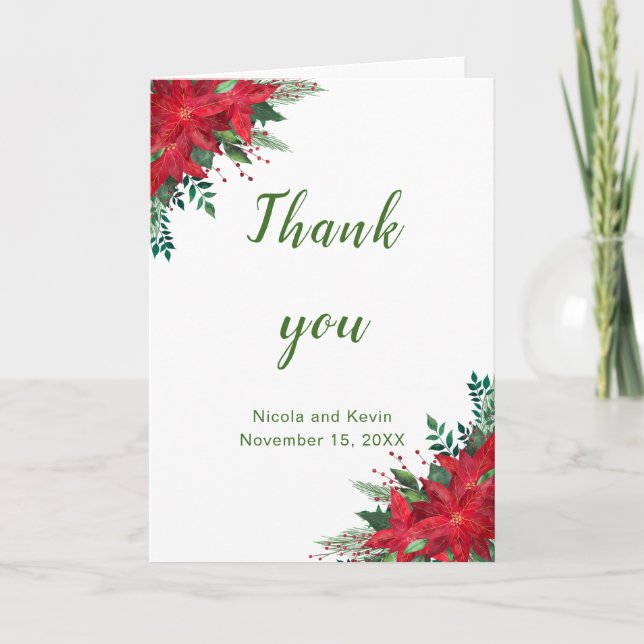 Carte De Remerciements Noël Rouge Poinsettia Fleurs Mariage (Devant)