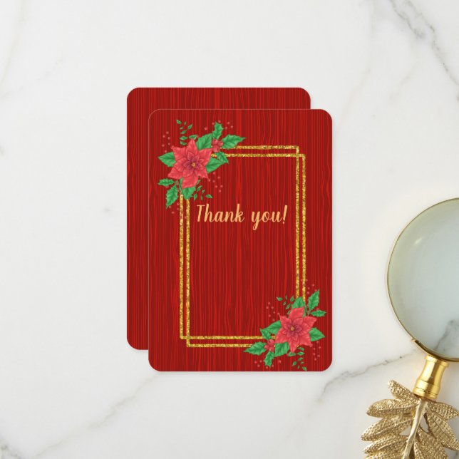 Carte De Remerciements Noël Rouge Poinsettia Gold Frame Mariage (Devant/Arrière en situation)