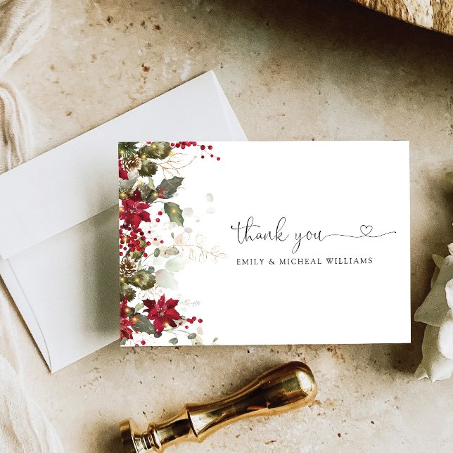 Carte De Remerciements Noël Rouge Poinsettia Mariage plat (Créateur téléchargé)