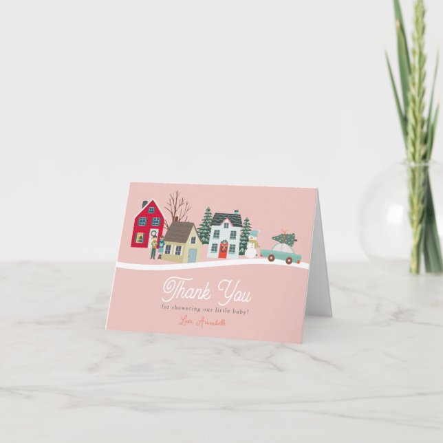 Carte De Remerciements Noël Ville/Village Baby shower rose (Devant)