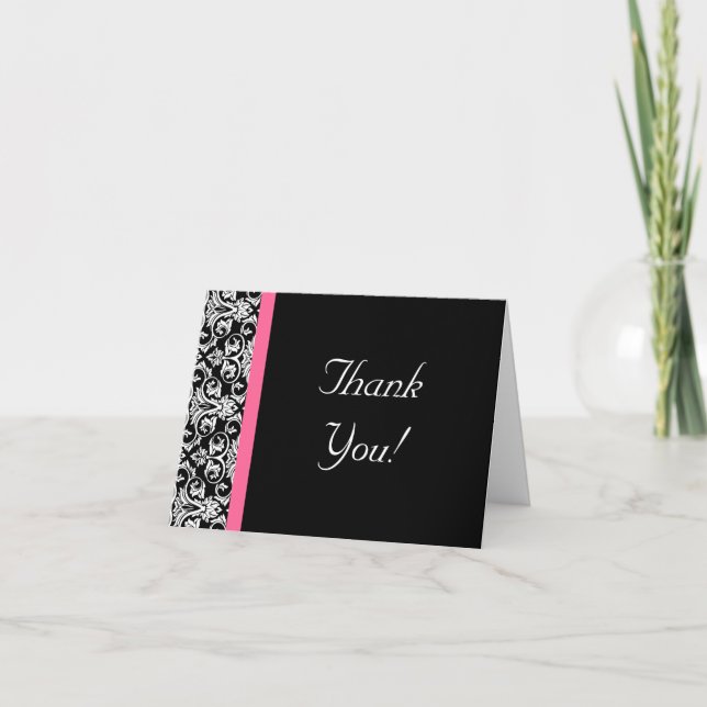 Carte De Remerciements Noir avec Damassé Passion Rose (Devant)