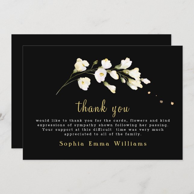 Carte De Remerciements Noir avec fleurs blanches Floral (Devant / Derrière)