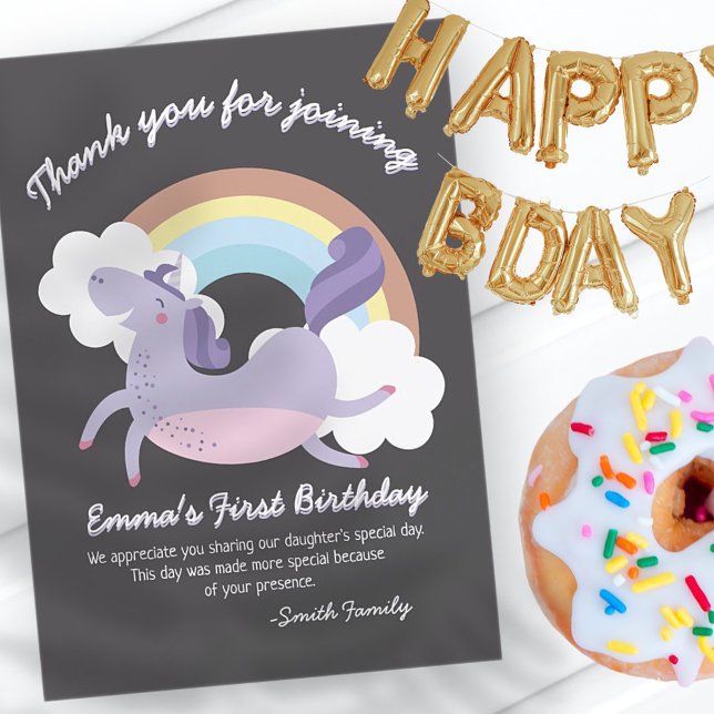 Carte De Remerciements Noir avec Rainbow Unicorn | Anniversaire (Créateur téléchargé)