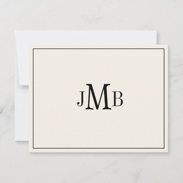 Carte De Remerciements Noir classique & Ecru Monogrammé plat (Devant)