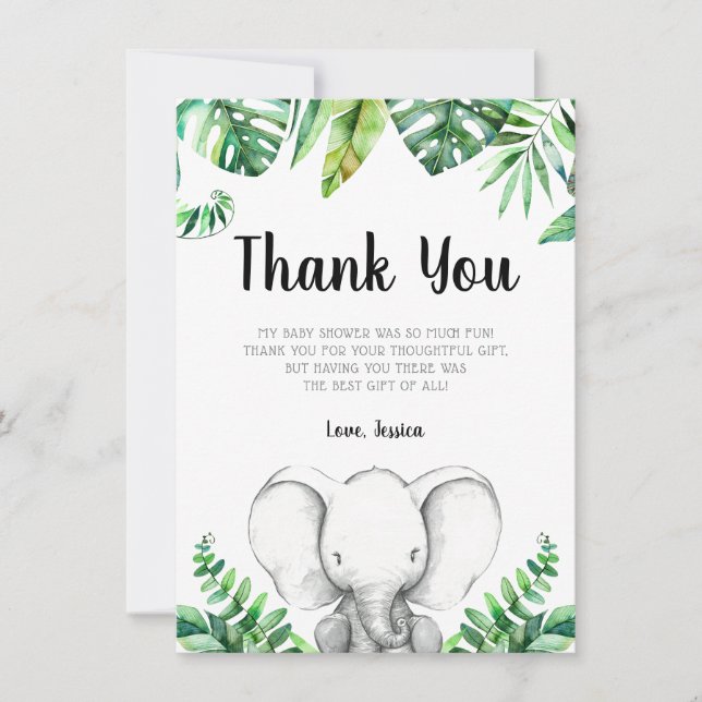 Carte De Remerciements Noir de baby shower de garçon d'éléphant de jungle (Devant)