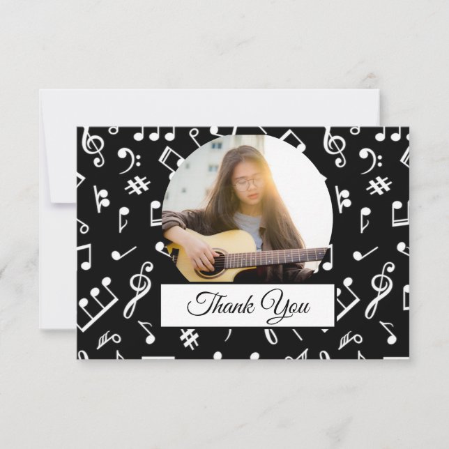 Carte De Remerciements Noir et blanc Note Musicien Motif Photo (Devant)