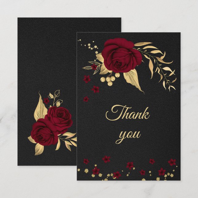carte de remerciements noir floral d'or bordeaux (Devant / Derrière)