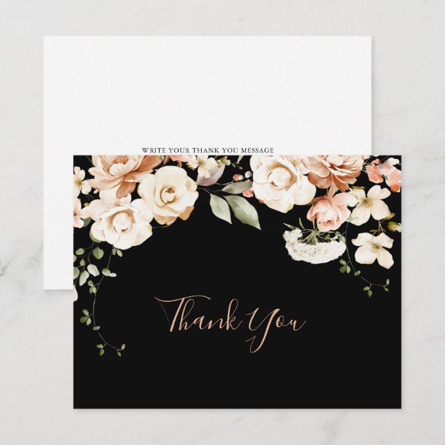 Carte De Remerciements Noir Forme Royal Floral Mariage plat (Devant / Derrière)