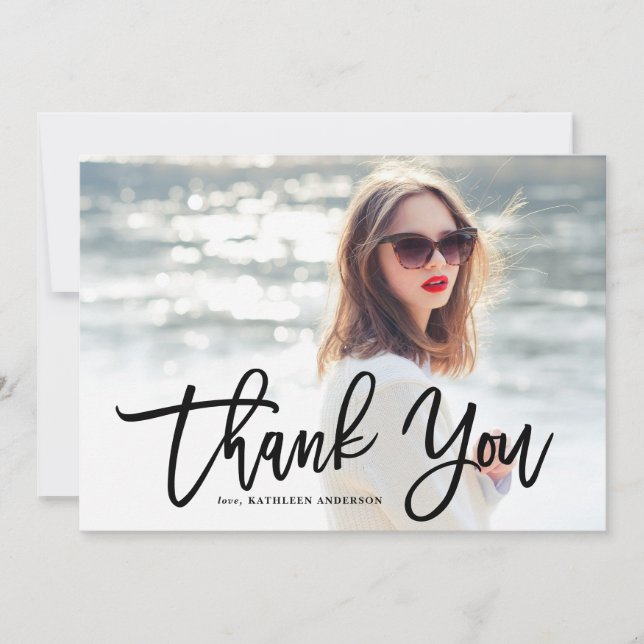 Carte De Remerciements Noir Moderne Calligraphie Photo Graduation (Devant)