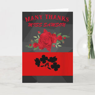 Carte De Remerciements Noir Rouge Floral Enseignant Moderne Chic Apprécia