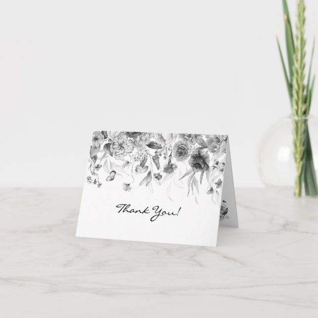 Carte De Remerciements Nom, Black & White Elegant Fine Art Florals (Devant)
