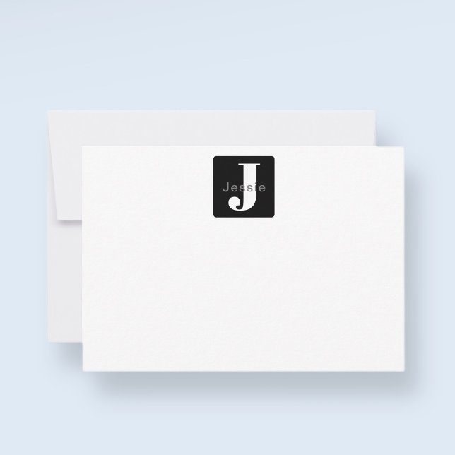 Carte De Remerciements Nom et monogramme de la boîte arrondie | Blanc noi (Créateur téléchargé)
