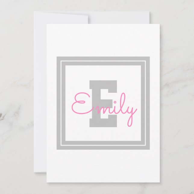 Carte De Remerciements Nom et monogramme encadrés | Gris clair et rose (Devant)