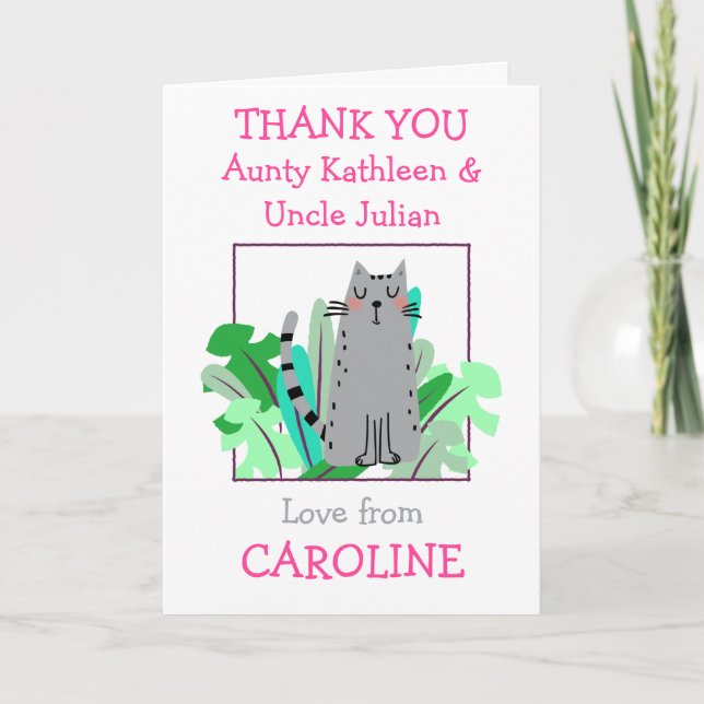 Carte De Remerciements Noms de tante et d'oncle Enfants Feuille Chaton Mi (Devant)