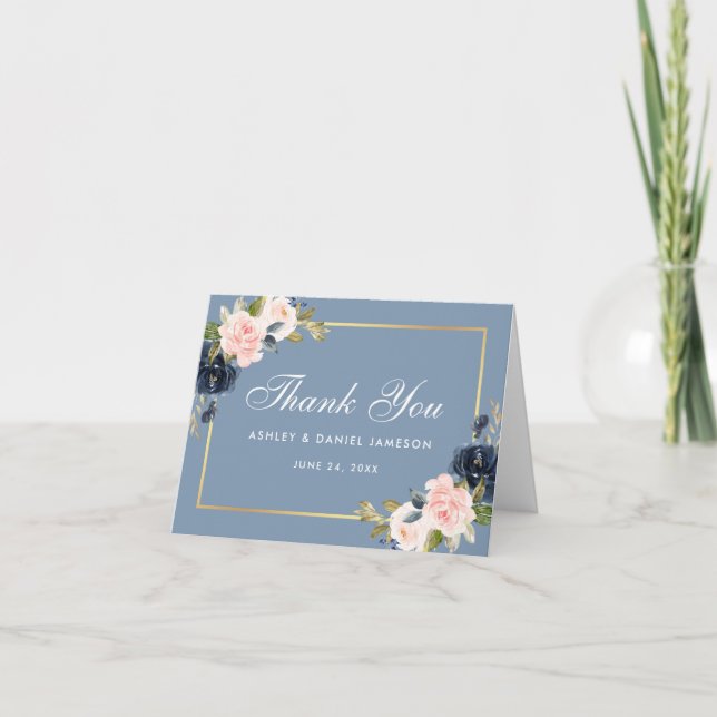 Carte De Remerciements Note de Mariage or floral bleu foncé (Devant)