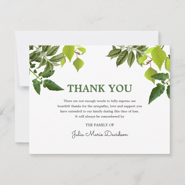 Carte De Remerciements Note de remerciement funéraire | Feuilles verts (Devant)
