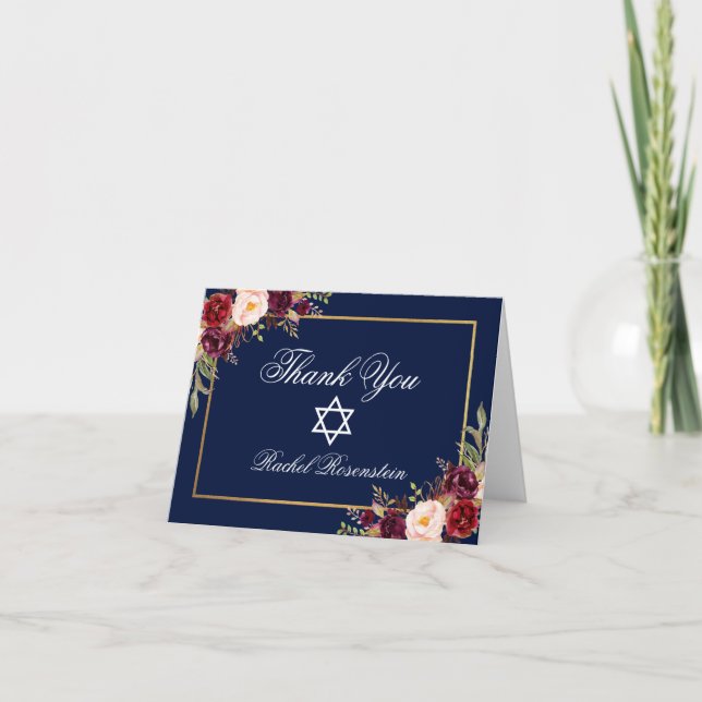 Carte De Remerciements Note d'or florale de Bourgogne de bat mitzvah (Devant)