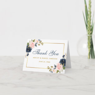 Carte De Remerciements Note d'or Mariage floral bleu foncé