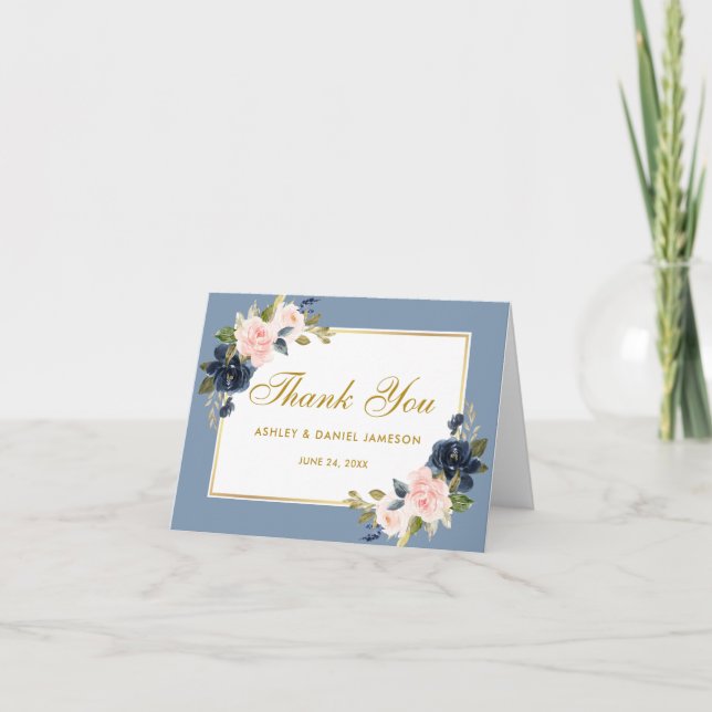 Carte De Remerciements Note d'or Mariage floral bleu foncé (Devant)
