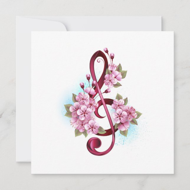 Carte De Remerciements Notes de clé de sol musicales avec fleurs de Sakur (Devant)