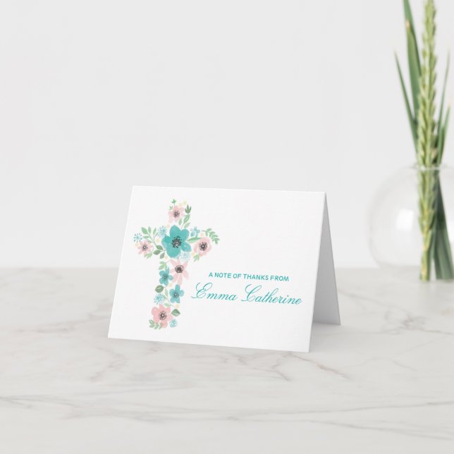Carte De Remerciements Notes de première communion de la croix de fleurs  (Devant)
