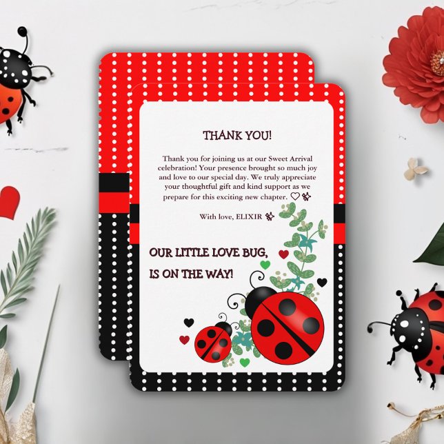 Carte De Remerciements Notre petit amour Bug rouge Baby shower noir (Créateur téléchargé)
