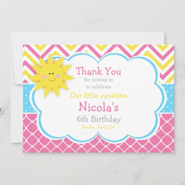 Carte De Remerciements Notre petit Anniversaire rose et jaune soleil (Devant)