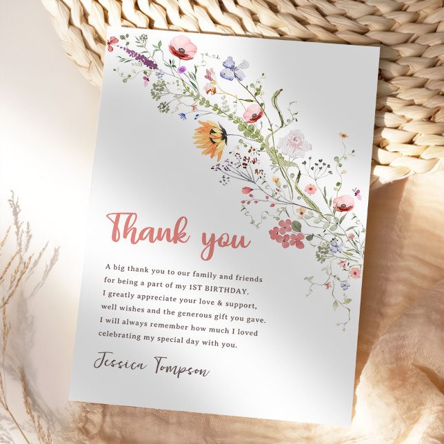 Carte De Remerciements Notre Petite Fleur sauvage Bébée Fille 1er anniver (Créateur téléchargé)