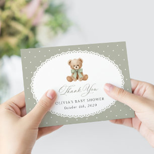 Carte De Remerciements Nounours, Nœud, Points verts, Baby Shower