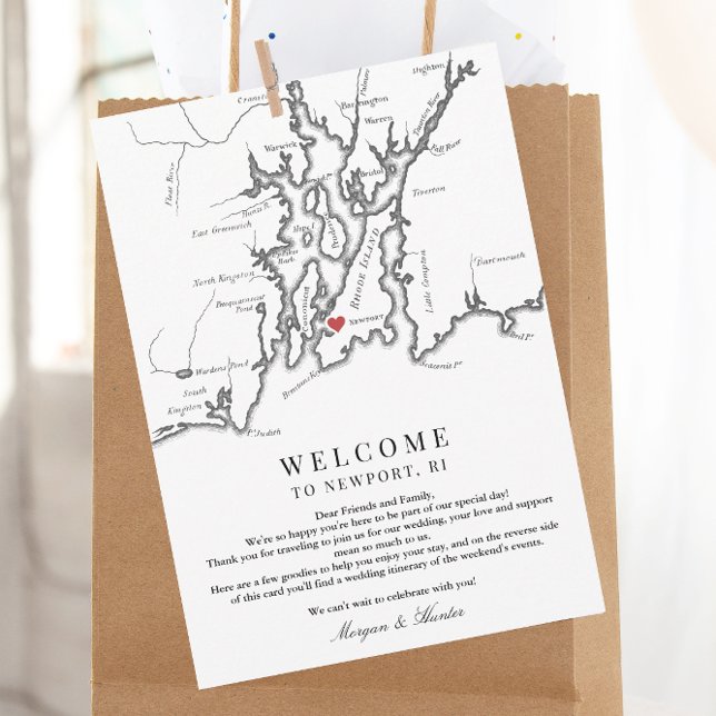Carte De Remerciements Nouveau Mariage du Rotary de bienvenue Itinéraire  (Newport RI Map Wedding Weekend Welcome Letter and Schedule of Events Card in Black and White )