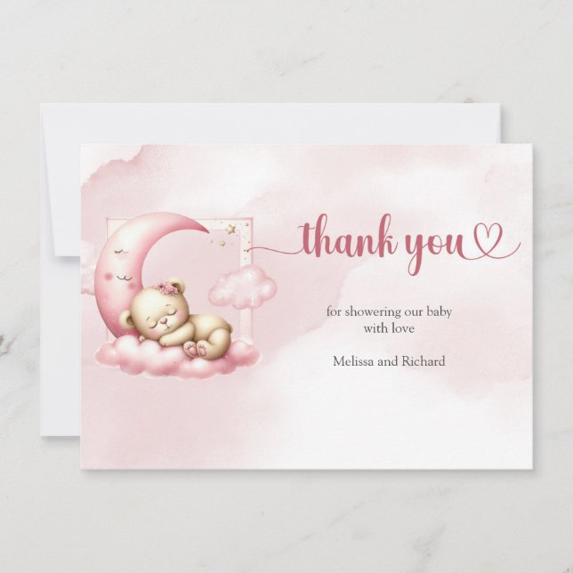 Carte De Remerciements Nuage rose neuf ours en peluche baby shower fille (Devant)