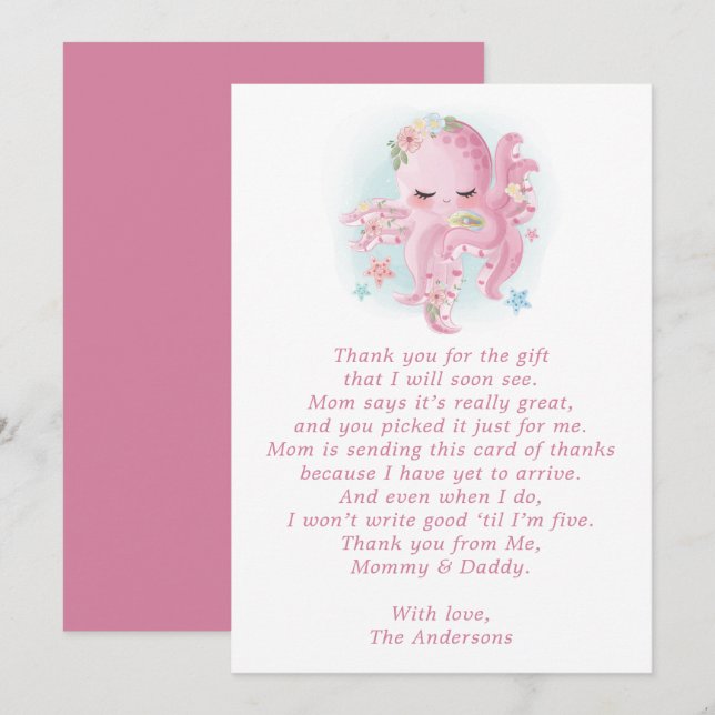 Carte de remerciements octopus rose Baby shower d' (Devant / Derrière)