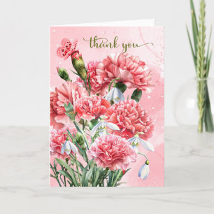 Carte De Remerciements Oeillets roses et chutes de neige avec papillon