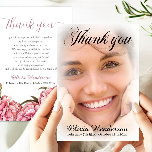 Carte De Remerciements Oeillets roses Soft White Photo Memorial (Créateur téléchargé)