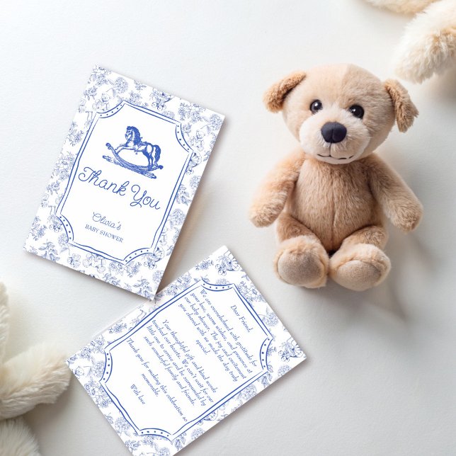 Carte De Remerciements Oh bébé bleu rocking cheval croquis baby shower (Créateur téléchargé)