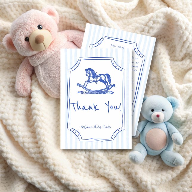 Carte De Remerciements Oh bébé bleu rocking cheval croquis baby shower (Oh baby blue rocking horse handrawn sketch baby shower thank you cards)