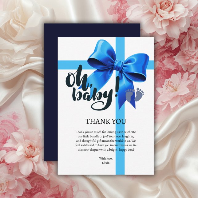 Carte De Remerciements Oh Bébé ! Élégante Baby Shower Ruban Bleu (Créateur téléchargé)
