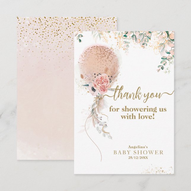 Carte De Remerciements Oh Fille Balloon rose Baby shower Floral Eucalyptu (Devant / Derrière)
