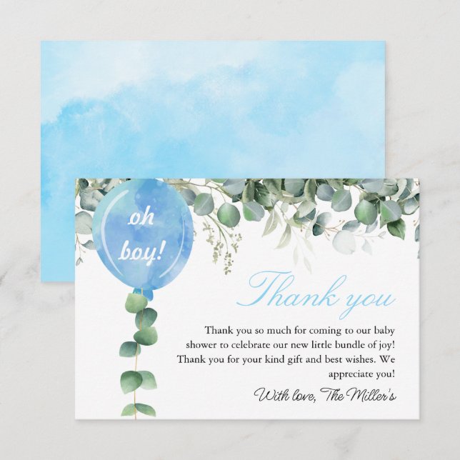 Carte De Remerciements Oh mon garçon ballon vert baby shower eucalyptus (Devant / Derrière)