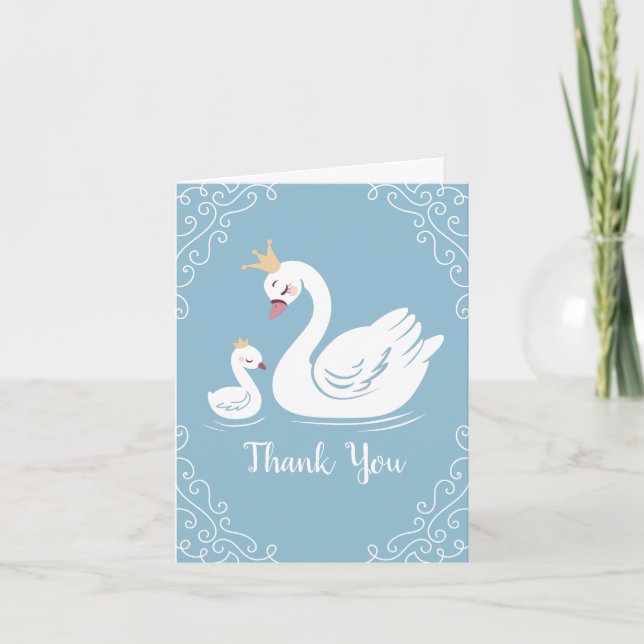 Carte De Remerciements Oiseau Baby shower cygne avec thème Couronne Bleu (Devant)