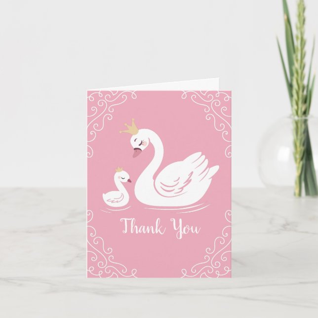 Carte De Remerciements Oiseau Baby shower cygne avec thème Couronne rose (Devant)