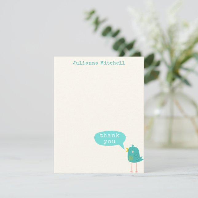 Carte De Remerciements Oiseau bleu turquoise mignon Nom personnalisé (Debout devant)