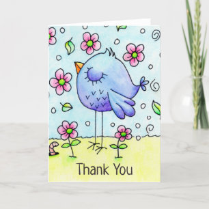 Carte De Remerciements Oiseau Bleu Whimsical Et Fleurs